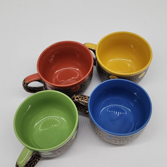 Set Of 4 Always Azul Pottery Mugs With Colorful Interiors Dots - Picture 4 of 7